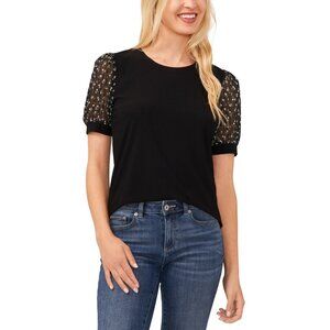 CeCe Women's Short Puff-Sleeve Mixed Media Top Black Size XS MSRP $59